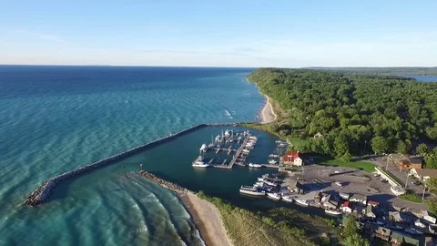 Drone Fly Over Sail Boats in Harbor Leland Michigan Stock Footage 73359332