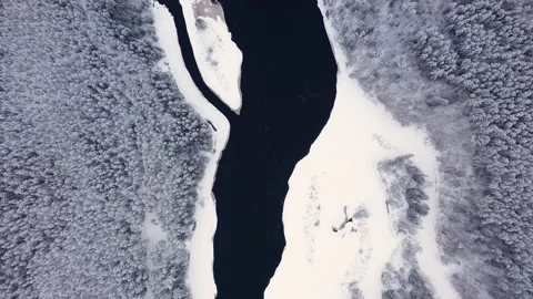 Drone fly over of snow forest and river, top view of trees peaks in snow 動画素材 146363322