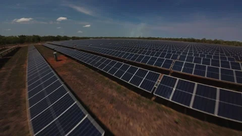 Drone fly-over of solar panel farm - Wide FOV Stock Footage 289695829