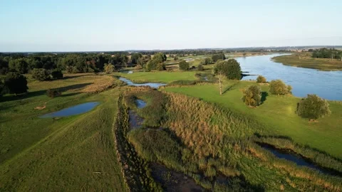 Drone fly over swampy meadows with river Oder during day Stock Footage 161074738