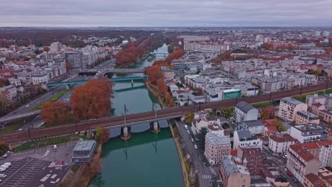 Drone fly at railway bridge over Marne River canal on the border of Alfortville Stock Footage 325955882