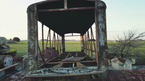 Drone Fly through an abandoned railroad car at a train graveyard Stock Footage 217295481