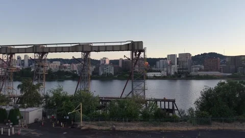 Drone fly through industrial grain elevator in Portland Oregon Stock Footage 341120490