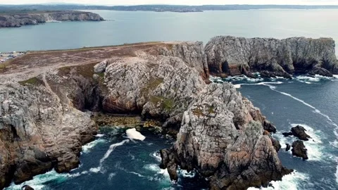 Drone flyaway aerial view of Le Tas de Pois in Camaret-Sur-Mer, France Stock Footage 229984257