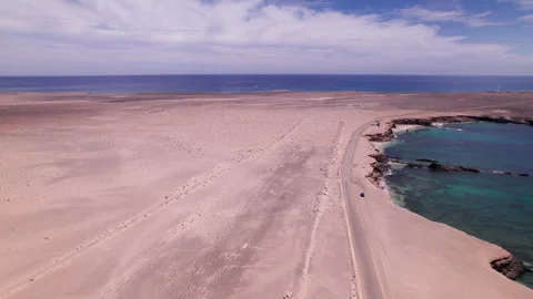 Drone flyby along Playa de Soledad cliffs and turquoise shoreline Stock Footage 309852102