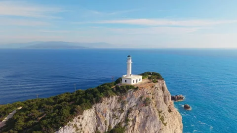 Drone Flyby of Cape Lefkatas Lighthouse Stock Footage 335979615