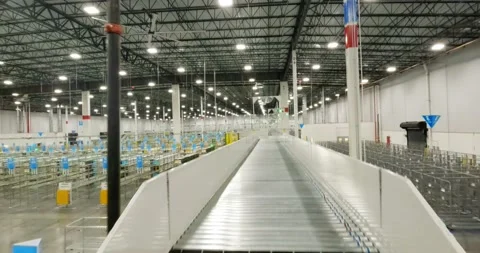 Drone Flyby Conveyor Belts Inside Amazon Warehouse Facility In Florida, Stock Footage 221540741