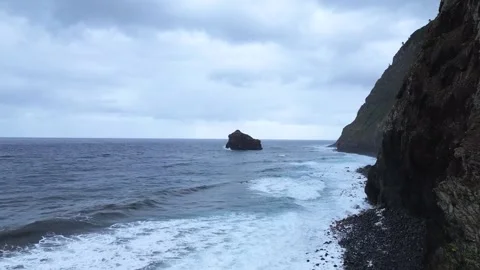 Drone Flyby of Dramatic Coastal Cliffs and Ocean Waves - Madeira, Portugal Stock Footage 311435206