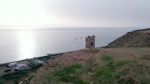Drone flyby through the ruined castle tower Stock Footage 214337348