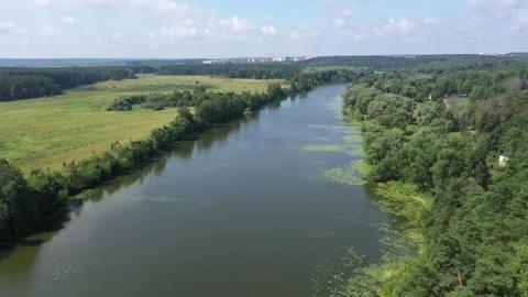 Drone flying above calm river cutting through forest and open meadows Stock Footage 321833678