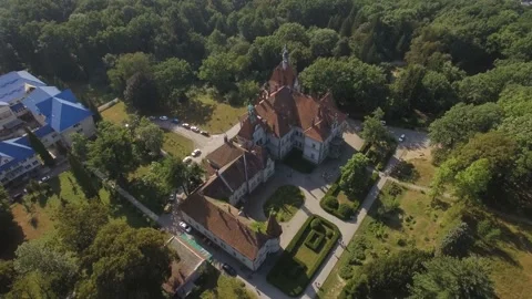 Drone flying above the castle in mountain in the morning West Ukraine Carpathian Stock Footage 221628484