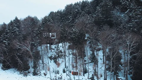 Drone flying above cottage at Eagle Lake on a cold winter day, Canada Stock-Footage 99989282