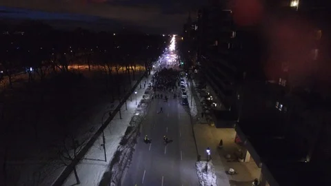 Drone flying above crowd of protester during rally with cops Video stock 87268152