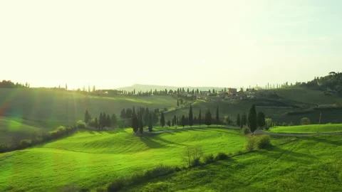 Drone flying above green spring landscape in the may day Stock Footage 130214788
