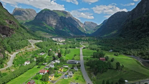 Drone flying above the green valley of Lysebotn near Lysefjord, Norway. Stock Footage 328130199