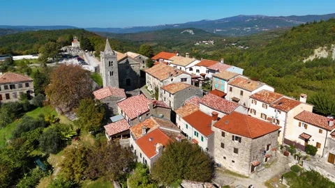 Drone flying above hum the smallest town in the world in istria croatia Stock Footage 335847240