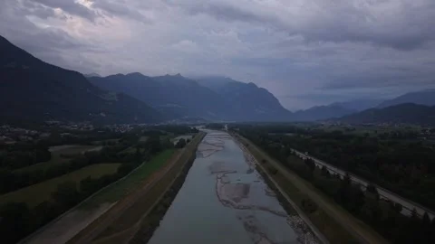 Drone flying above low Rhine River with exposed sandbanks Stock Footage 341801342