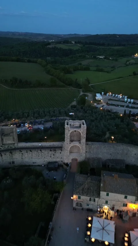 Drone Flying Above Medieval Walled Town of Monteriggioni in Tuscany, Italy Stock Footage 335825245