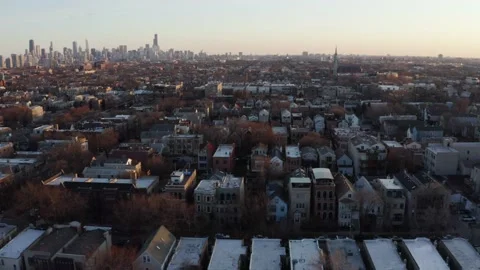 Drone Flying Above North Side Chicago Neighborhood on Beautiful Day at Stock Footage 196985119