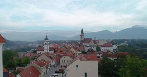 Drone flying above old medieval town Kranj in Slovenia Stock Footage 147933209