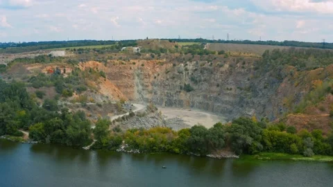 Drone flying above open pit mine in Dnepr in Ukraine, ore extraction. Quarry  Stock Footage 201356045