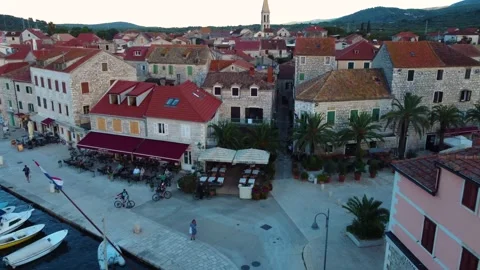 Drone flying above stari grad town on hvar island in croatia Stockbeeldmateriaal 339848047