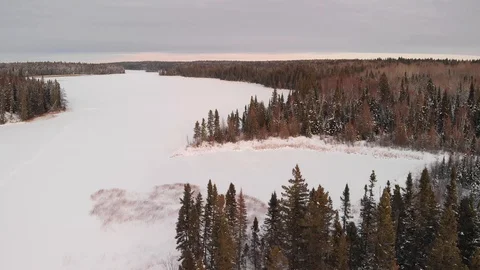 Drone flying above treetops looking down into winter scene of trees and lakes Stock Footage 121186786