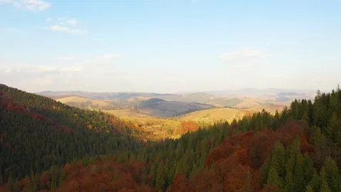 Drone flying above treetops on Mount Gretna, PA, in late summer, early autumn Stockbeeldmateriaal 118394929