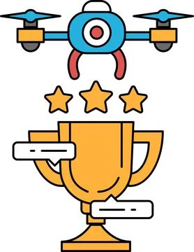 A drone is flying above a trophy cup with three stars on it Ilustração Stock