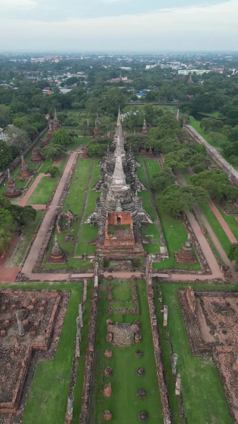 Drone Flying Above Wat Phra Si Sanphet Temple Ruins in Ayutthaya, Thailand Stock Footage 335586363