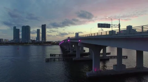 Drone Flying Along Bridge During Miami Twilight in 4K Stock Footage 63799063