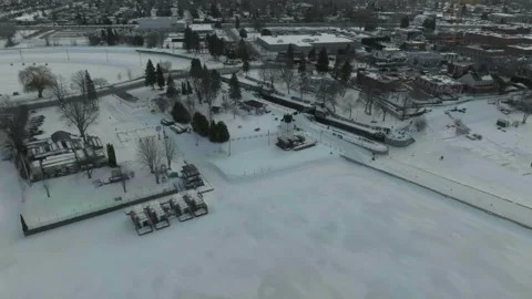 Drone flying along the chambly channel a historic place in canada in the winter Stock Footage 341583658