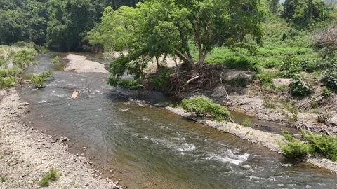 Drone flying along clear stream with drifted bamboo raft in Vietnam 動画素材 336971950