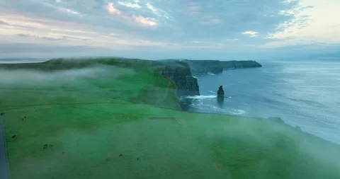 Drone flying along Cliffs of Moher with sea stack and drifting fog at sunrise Stock Footage 339507843