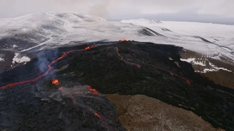 Drone flying around active volcano in Iceland Aerial Video stock 156286298