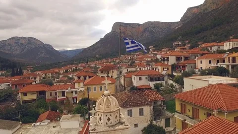 Drone is flying around the bell tower in the Greek city of Leonio Stock Footage 72565860