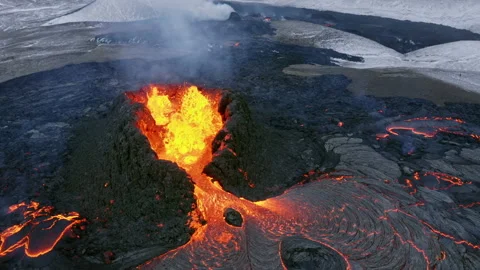Drone flying around blowing volcano. Volcano Eruption in Iceland Aerial Video stock 155397099