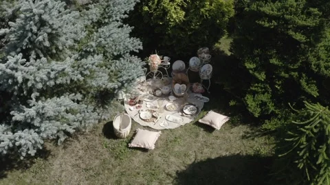Drone flying around lawn decor setup Vidéo 329833147
