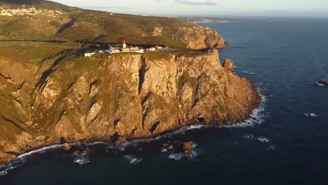 Drone flying around lighthouse on the sunset, Cabo do Roca, Portugal Stock Footage 199222091