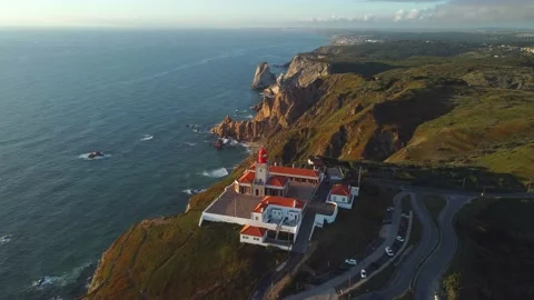Drone flying around lighthouse on the sunset, Cabo do Roca, Portugal Stock Footage 206788702