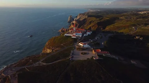 Drone flying around lighthouse on the sunset, Cabo do Roca, Portugal Stock Footage 208356719