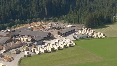 DRONE: Flying around a lumberyard full of organized stacks of planks and logs. Stock Footage 106234429