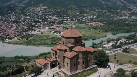 Drone flying around the monastery Jvari in Georgia. Aerial view of Mtskheta. Stock Footage 135730246