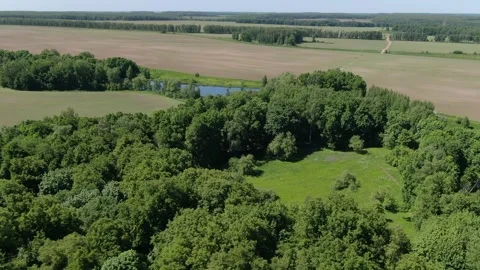 Drone flying around river valley and green fields Stock-Footage 331873954