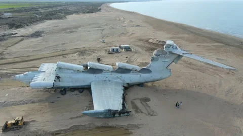 Drone flying around of Soviet military aircraft ekranoplan Lun, Dagestan Video stock 196713853