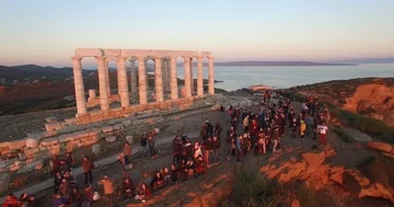Drone flying around the temple of Poseidon in the sunset time (Greece) Stock Footage 85582036