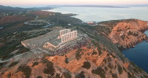 Drone flying around the temple of Poseidon in the sunset time (Greece) Stock Footage 85583961
