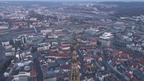 Drone flying around the Ulm Minster Tower Stock Footage 78140933