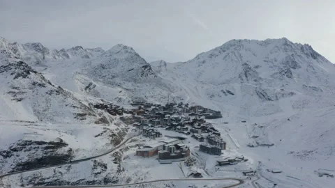 Drone flying around Val thorens in winter closed because of Corona Stock Footage 145699697
