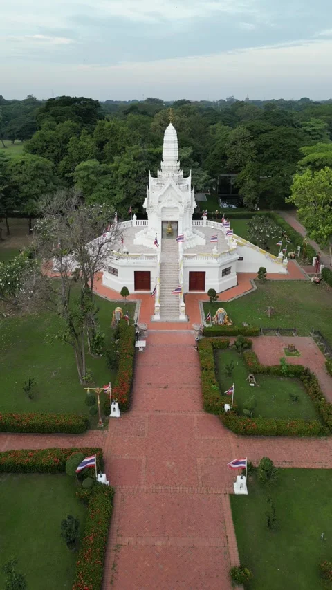 Drone Flying Away from White Buddhist Temple in Ayutthaya, Thailand Stock Footage 335586398